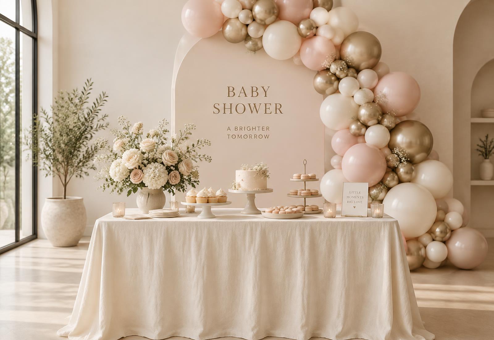 Styled baby shower table with cream linen and a blush and champagne balloon arch